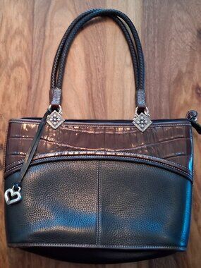 Vintage Brighton Leather Shoulder Bag Mixed Media Croc Trim Red Heart Lining